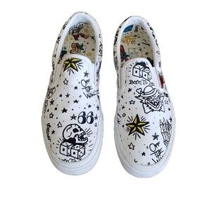 Vans Tattoo Slip On Sneaker Skate Shoes Mens 8.5 Women Sz 10 Black White Canvas
